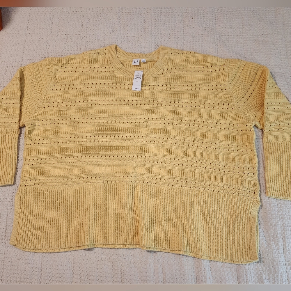 Women's Yellow Gap 100% Cotton Sweater Ribbed Cuffs/Hem Crochet Style XXL NWT